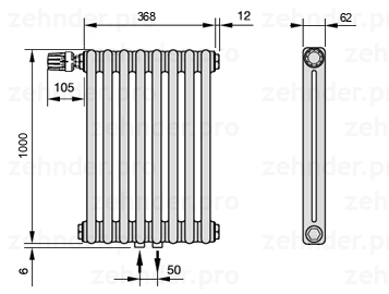 Схема (чертеж) Радиатор Zehnder Charleston 2100/8 №V007 Белый глянцевый RAL 9016